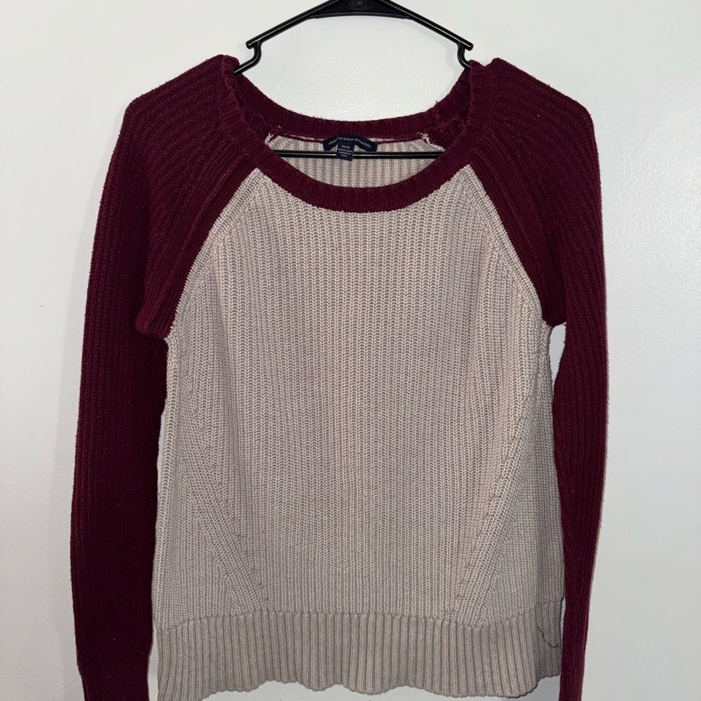 American Eagle Outfitters Burgundy and Cream Sweater